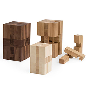 3 houten puzzels krukjes van esdoorn, eik en notelaar slider